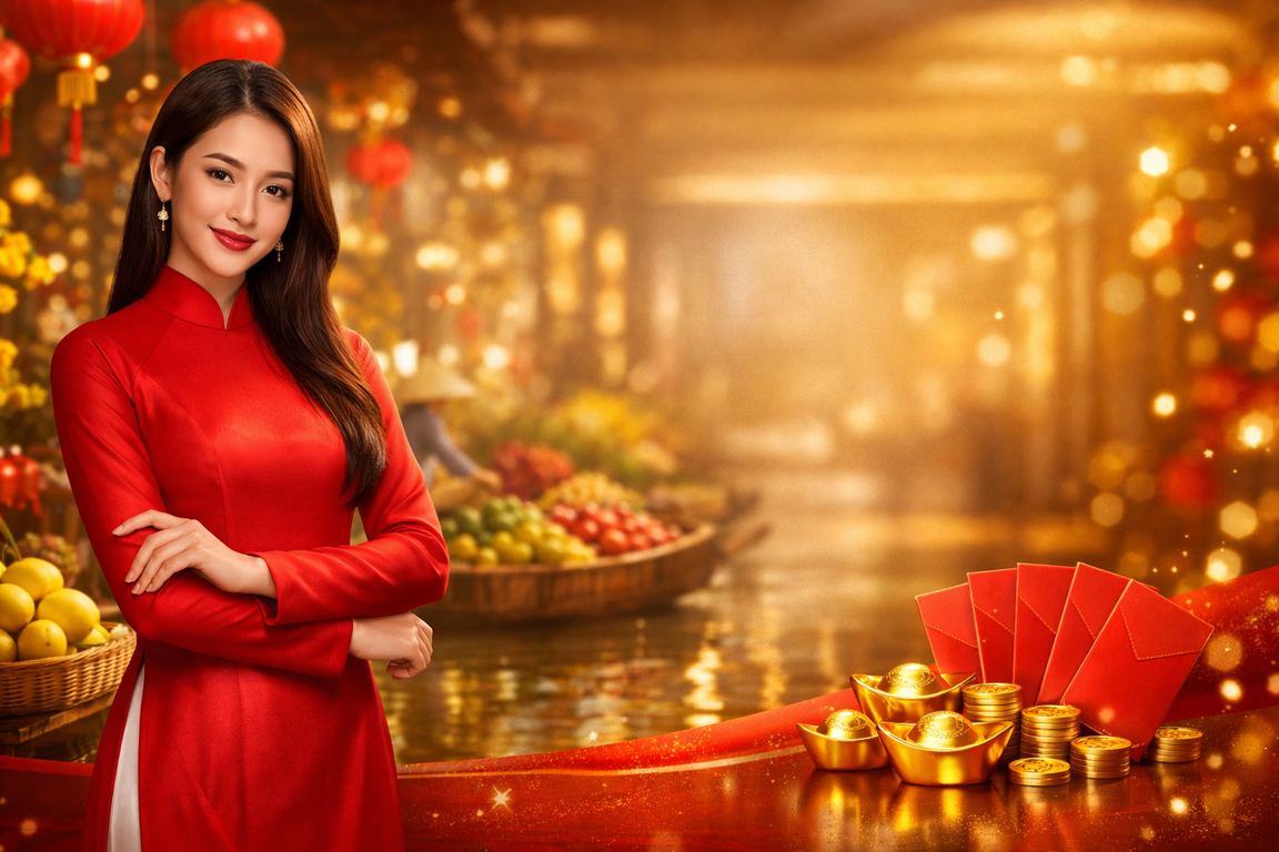 Phụ nữ Mekong mặc áo dài nhận phong bao đỏ bonus trong lễ hội